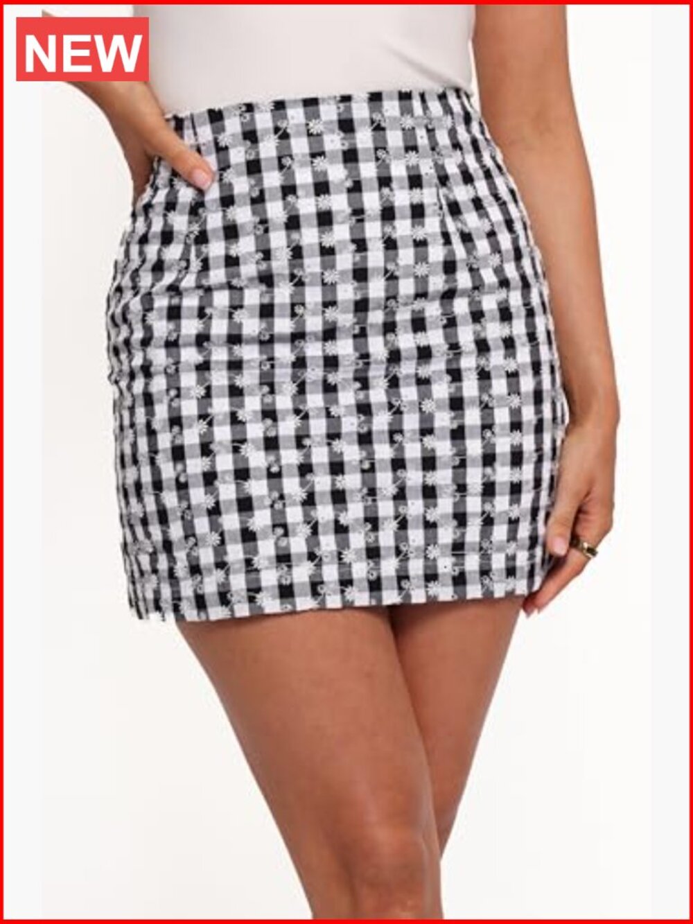 Mini Skirt with Gingham Print and Floral Embroidery - Picture 2 of 6